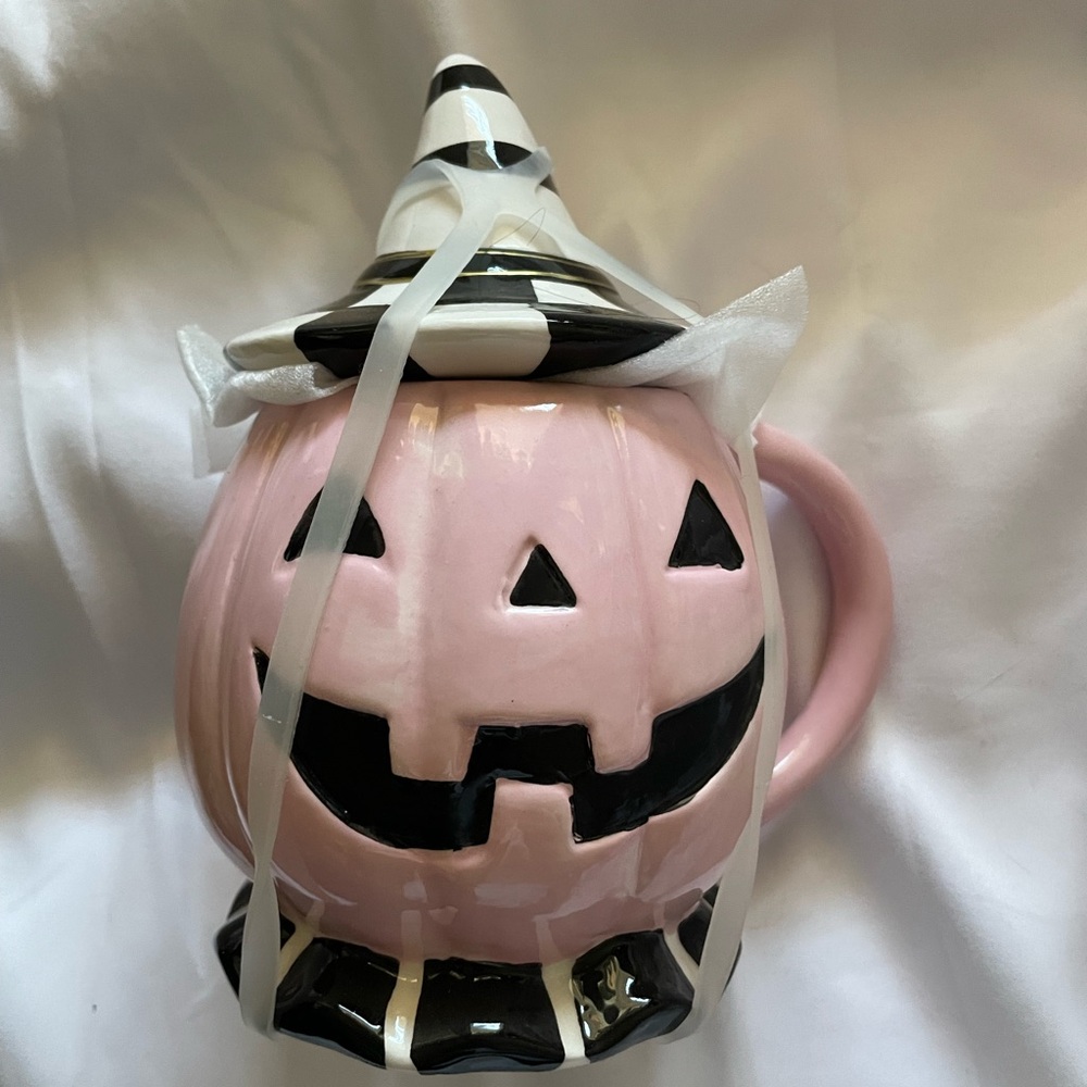 Rare Pink Jack O’ Lantern Pumpkin Coffee Mug Black White Check Witch Hat Lid 8"